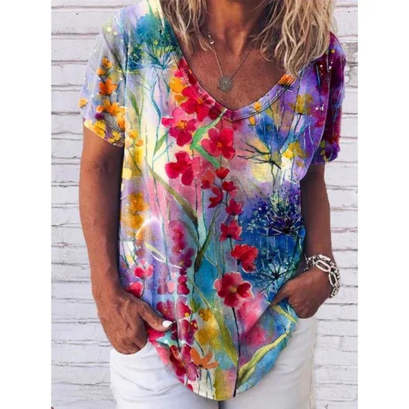 

2024 Новая цветочная футболка летняя футболка с V-образным вырезом повседневная рубашка модный пуловер футболка летняя одежда Harajuku женская свободная футболка 6XL