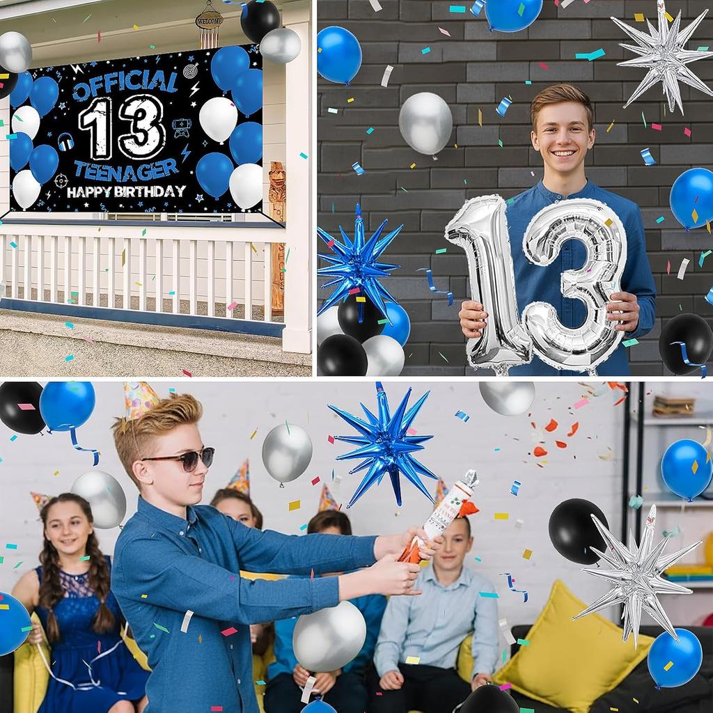 Vicycaty 13th Birthday Decorations for Boys Girls, Official Teenager 13 Years Old Birthday Party Supplies Set with Fabric Backdrop Banner, Foil