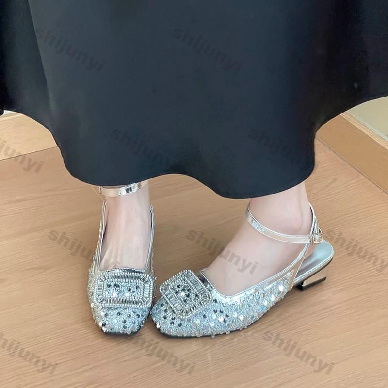 Women Summer Shoes 2025 Summer Rhinestone Round Toe Smedium Heel Sandals Non Slip Buckle Strap Dress Style Women Shoes
