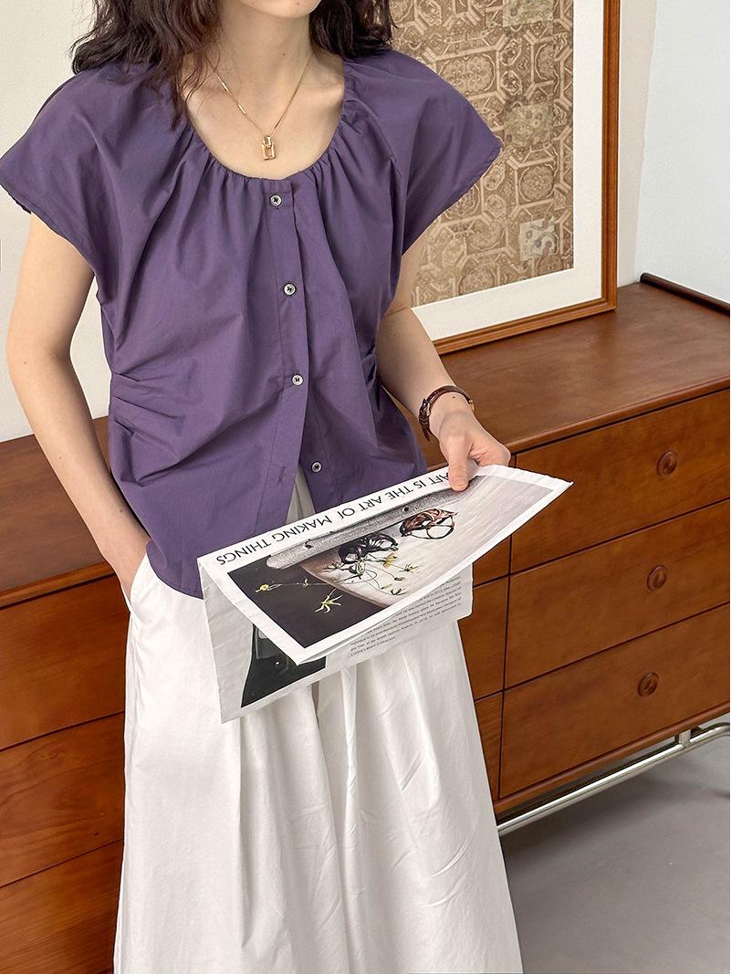 

Оранжевая Zhi 2025 Весна/Лето Ретро Футболка Женская с Круглым Вырезом, Приталенная, с Расклешенными Рукавами One Size виноградный/фиолетовый