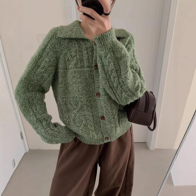 Retro Lapel Twist Knitted Cardigan Women's Clothing Autumn and Winter New Soft Waxy Loose Lazy Sweater Jacket