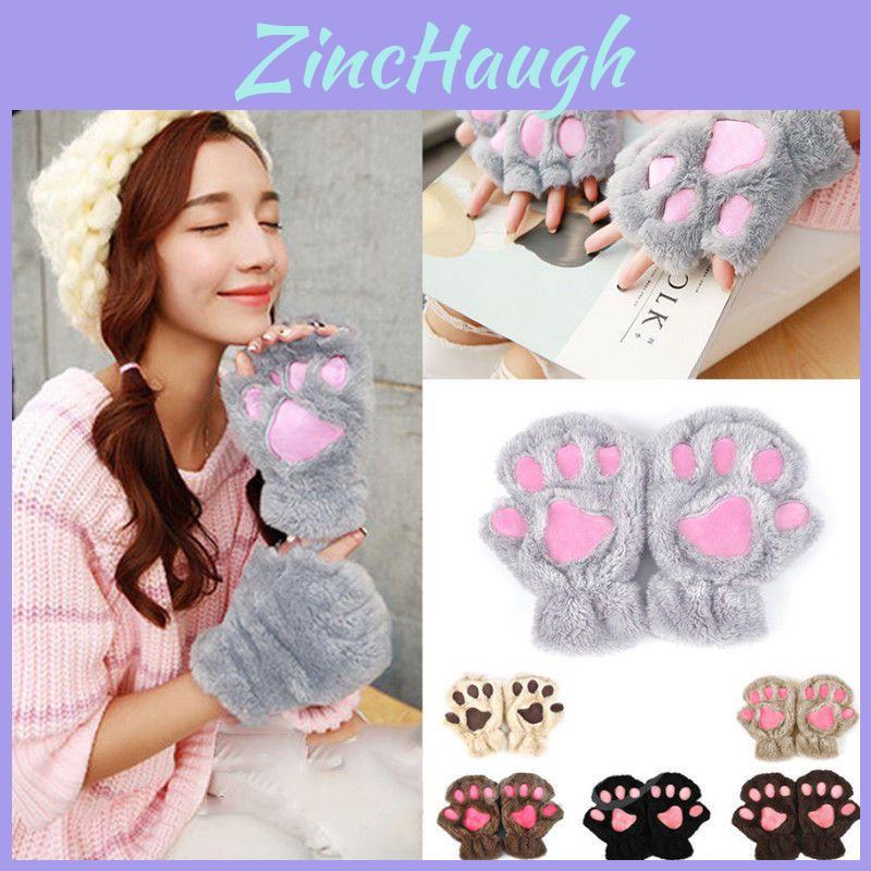 Fashionable Cartoon Cat Paw Gloves Winter Touchscreen Half Finger Mittens