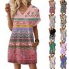 Women's Fashion Print V-Neck Short Sleeve Pocket Casual Pullover Dress