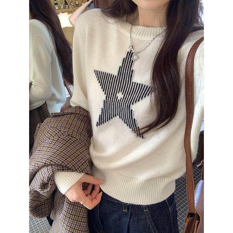 Kumikumi Sweet Style XINGX Print Round Neck Temperament Long Sleeve Knitwear Women's Clothing Autumn Loose All-Matching Top