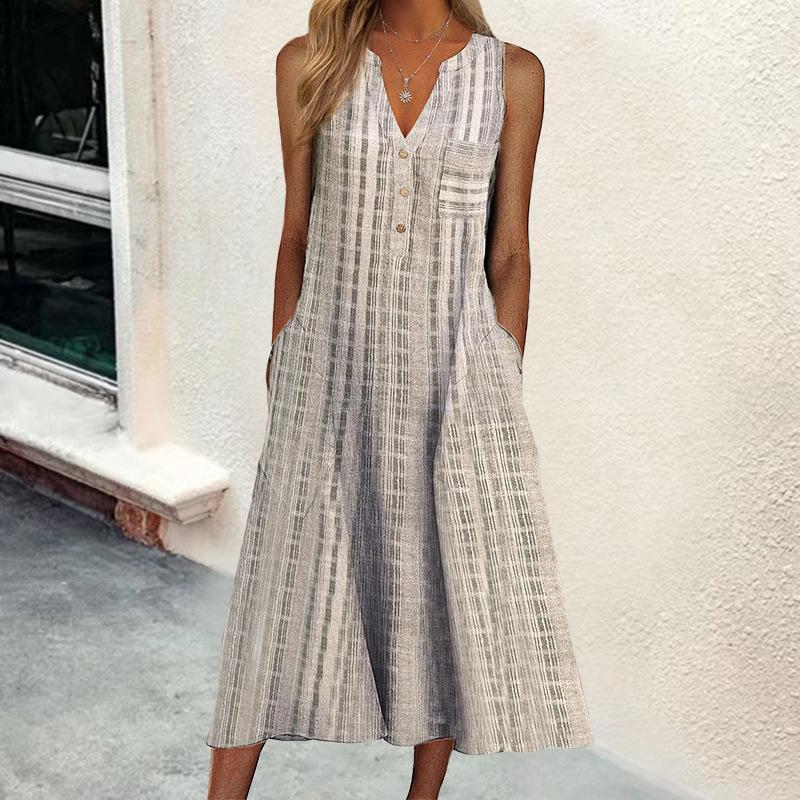 European and American summer new women's clothing, fashionable pocket V-neck striped sleeveless casual dress