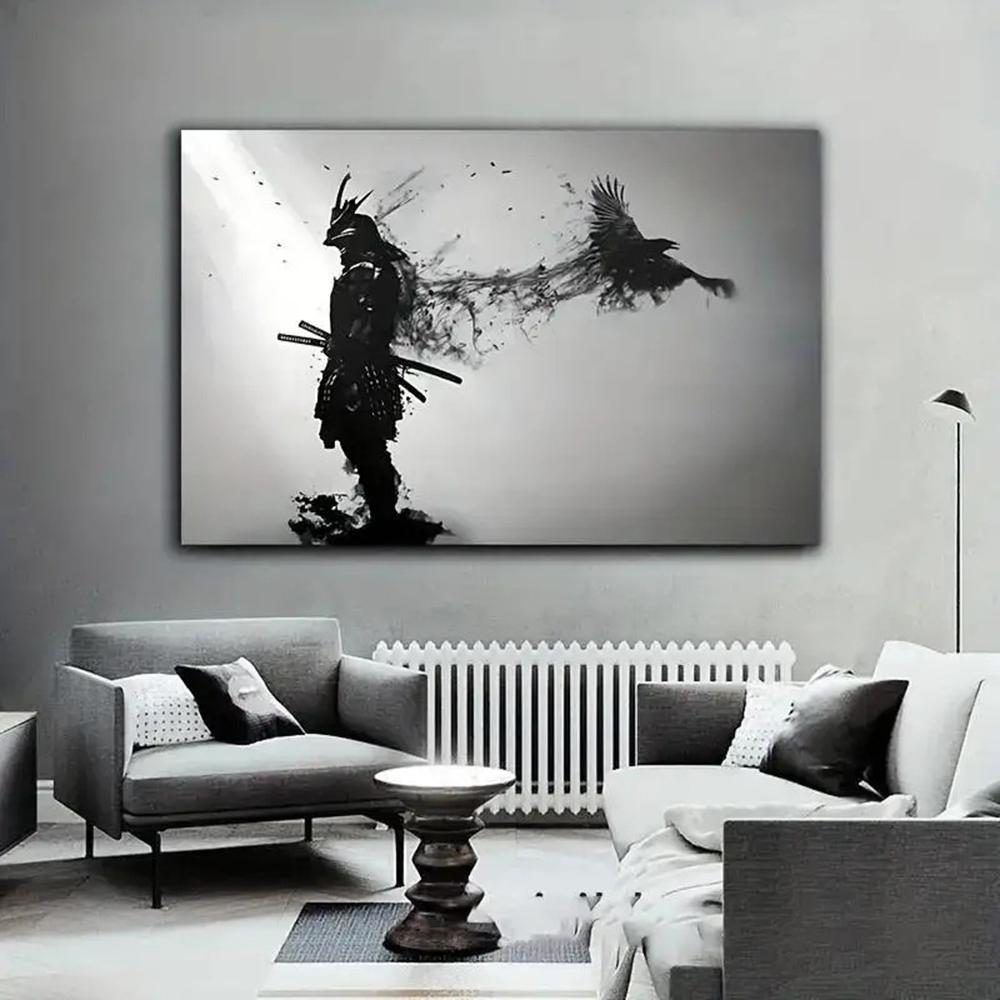 Black and White Japanese Black Samurai Man with Crow Posters and Print Wall Art Canvas Painting for Living Room Cuadros Decor 60 X 40 Cm