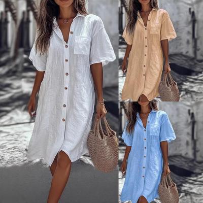 2026 Lässiges Mehrfarbiges Hemdblusenkleid für Damen: Kurzärmeliger langer Cardigan im europäischen und amerikanischen Stil