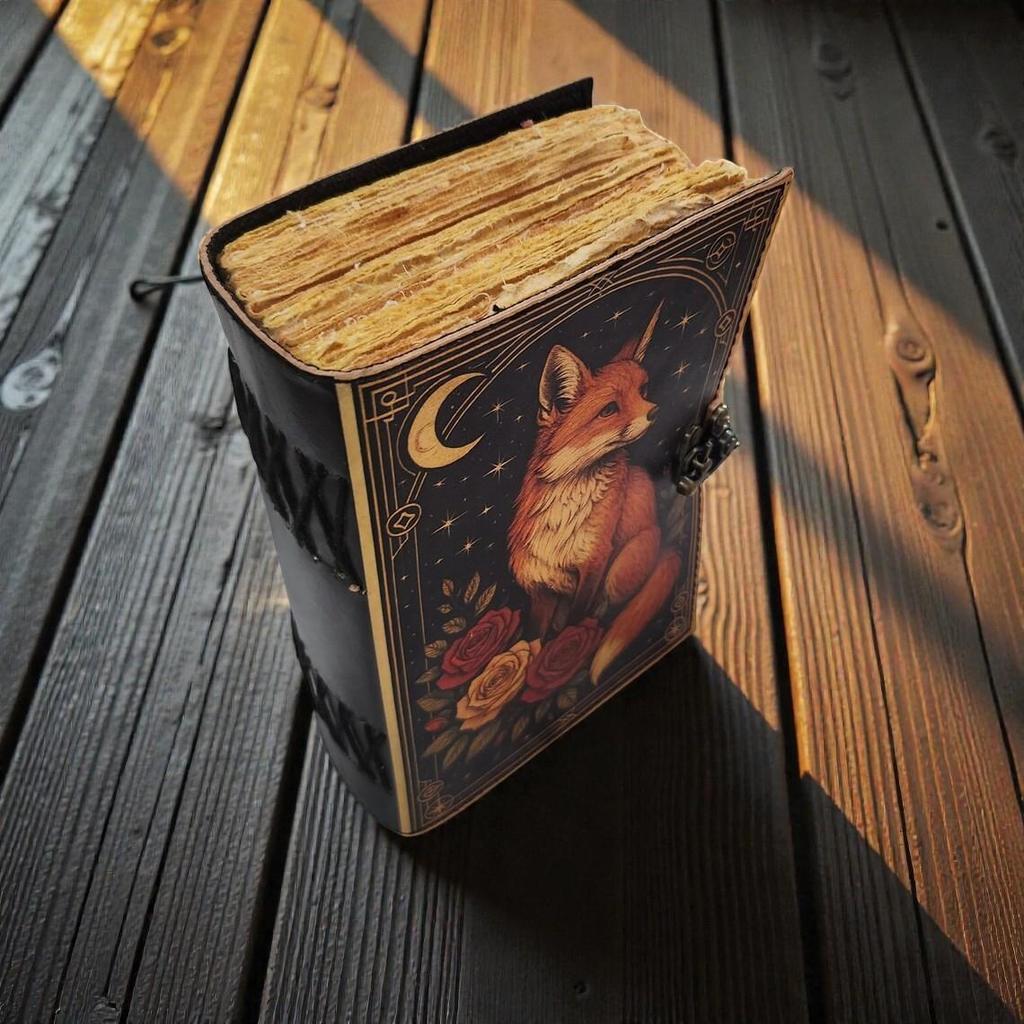 Handmade Leather Journal with Fox & Roses Cover – Vintage Deckle-Edge Paper, 200 Pages, 5x7 inch Diary, Gift Notebook