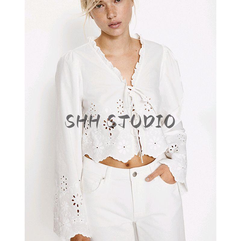 Spring New Women's Clothing Casual Style Puff Sleeves V-neck Hollow Embroider Cotton Shirt Tops 1268146