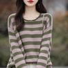Women 100% Cotton Sweater Autumn Winter Curled O-Neck Pullover Long Sleeve Bottoming Colorful Stripes Knitwear Loose Clothing