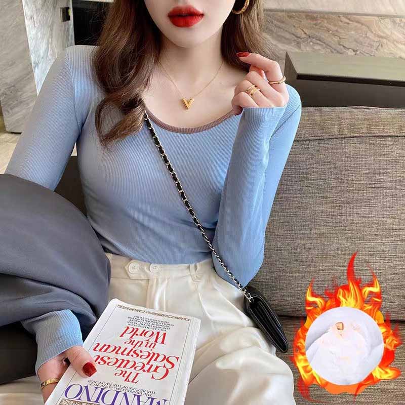 

Autumn Winter Style Unique Long Sleeve T Shirt Women Inner Wear Round Neck Base Layer Outer Wear Loose Slimming Top S
