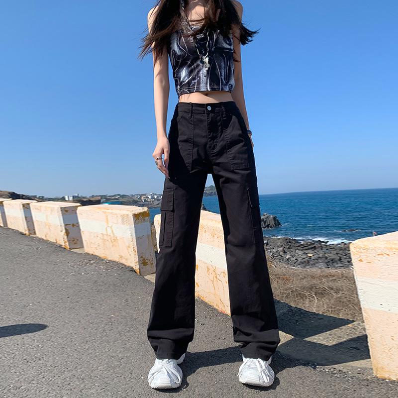 Women's Fleece-Lined High-Waisted Retro Straight-Leg Jeans with Multi-Pockets