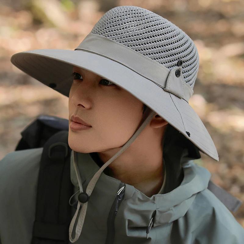 10cm Wide Brim Sun Hat for Men UPF 50+ Boonie Hat Summer UV Protection Outdoor Fishing Hiking Hat Breathable Mesh Bucket Cap