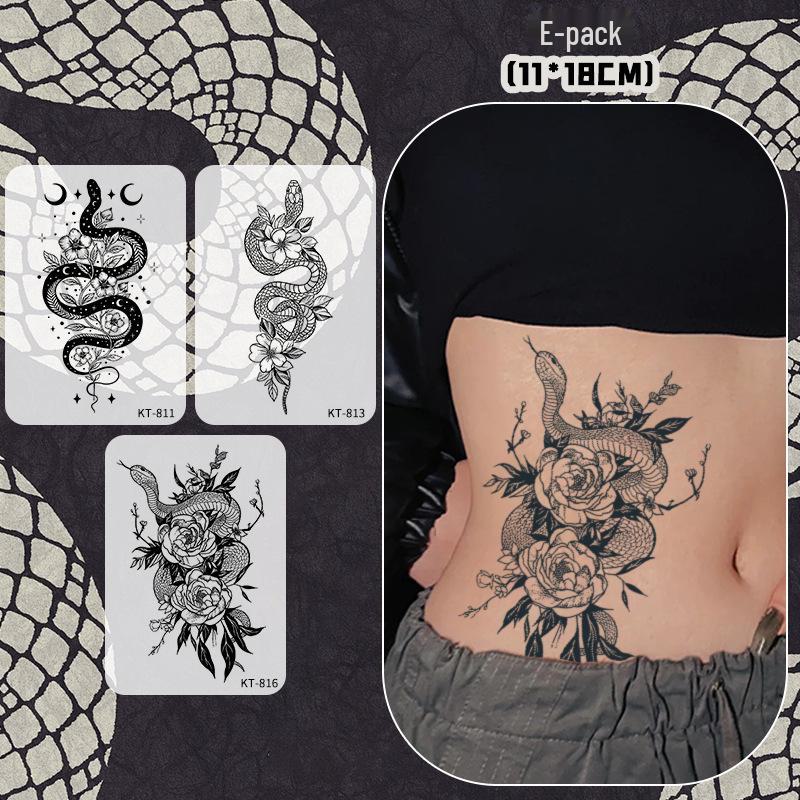 

«Водостойкие долговечные наклейки для татуировки «Танец змеи» с розой для женщин — травяной полуперманентный темный дизайн» 11*18cm