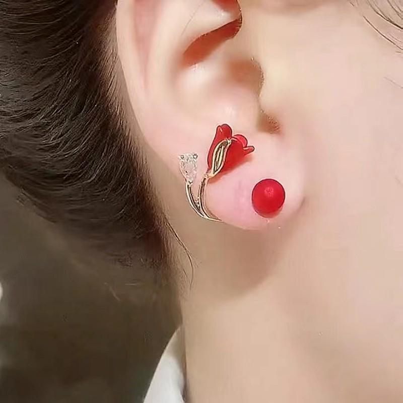 Elegant Red Rose Stud Earrings - 2026 Trendy Two-Way Wear for Women, Perfect for Autumn/Winter and Social Media Influencers