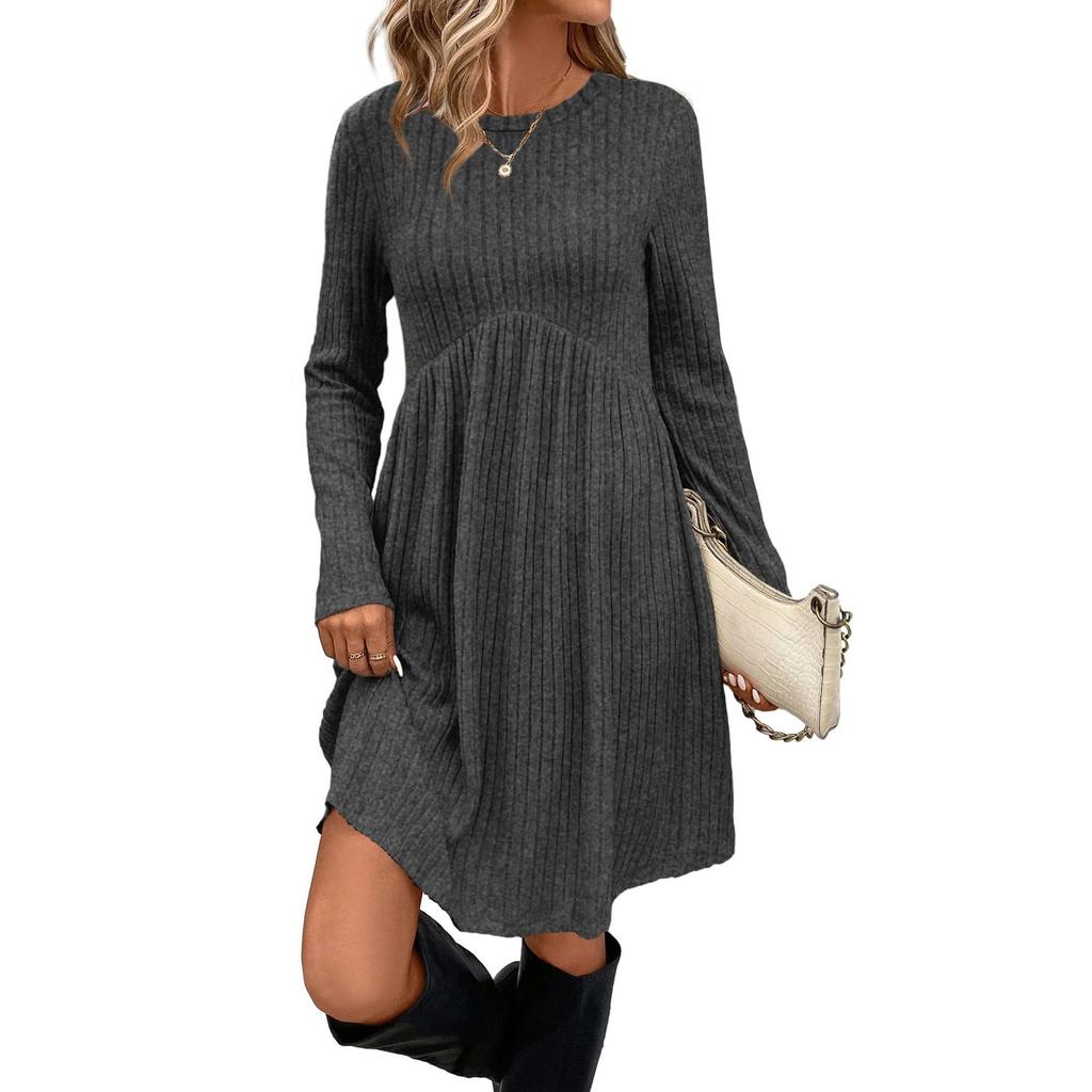 Women's Long-sleeved, Round-neck, High-waisted, Pocketed, Striped Dress