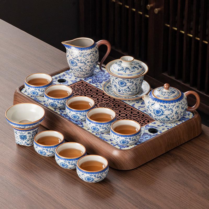 

New blue and white Ru kiln Kung Fu tea set Household ceramic brewing teapot teacup drainage water storage tea tray