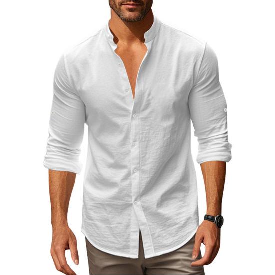 Men Cotton Linen Shirt Long Sleeve Button Down Shirt Band Collar Casual Summer Shirt