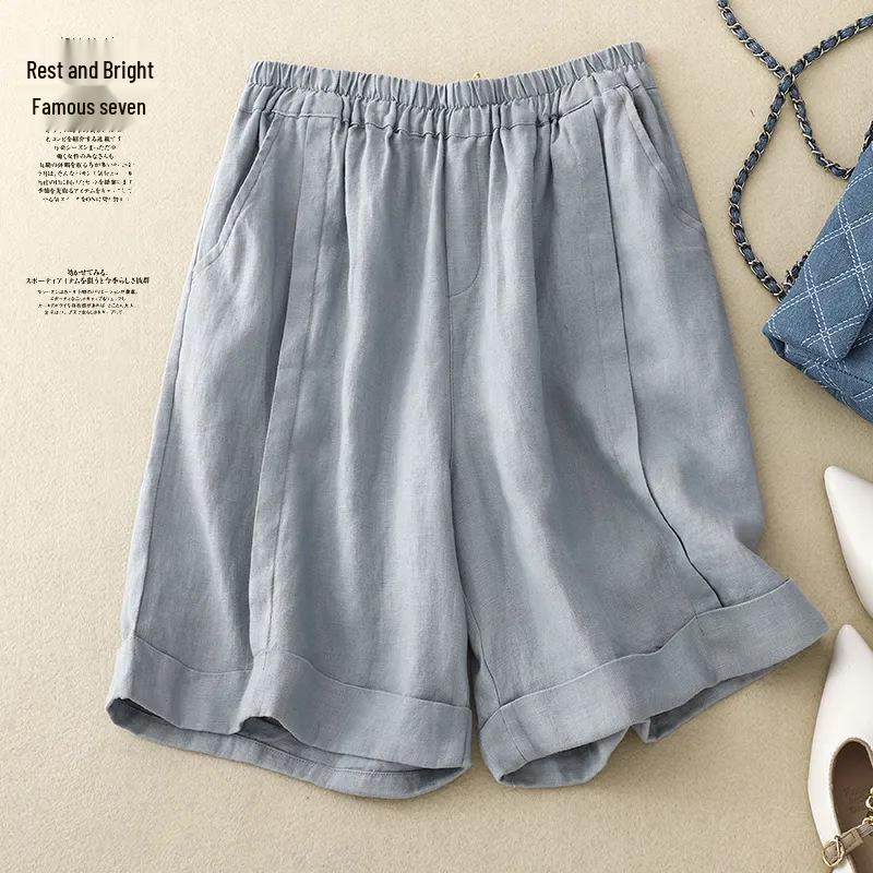 2024 Women's High Waist Cotton Linen A-line Shorts - Summer Elastic Wide Leg Casual Five-Point Pants