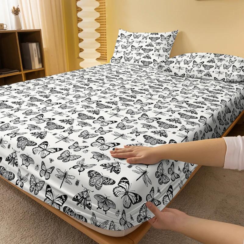 1 Simple Modern Butterfly Printed Matte Fitted Sheet, Bedroom Printed Bed Cover, Bedding (Excluding Pillowcases)