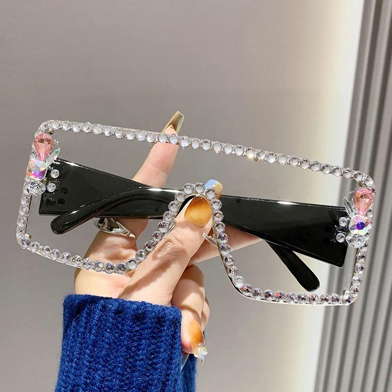 Large Frame Diamond-Set Sunglasses Women'S Anti-Ultraviolet Glasses One-Piece Sunglasses Rhinestone Glasses 90165-1