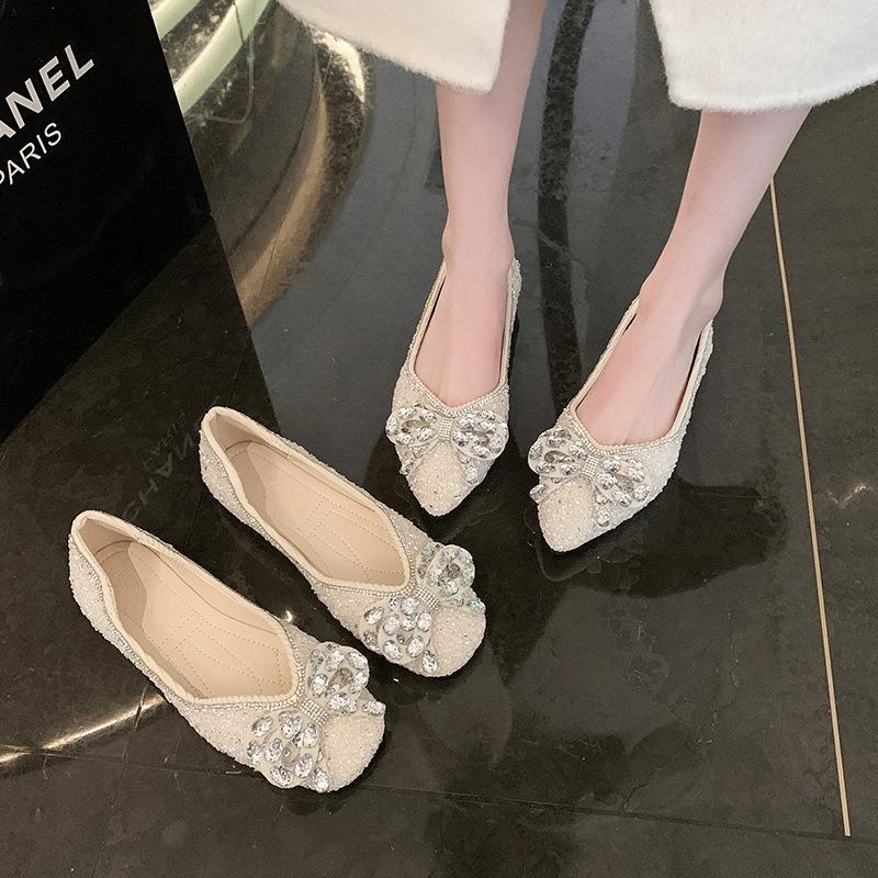 Spring and Summer New Soft-soled Single Shoes Women's Bow Crystal Shoes Rhinestone Beanie Shoes Full Diamond Flat-soled Ladyshoes