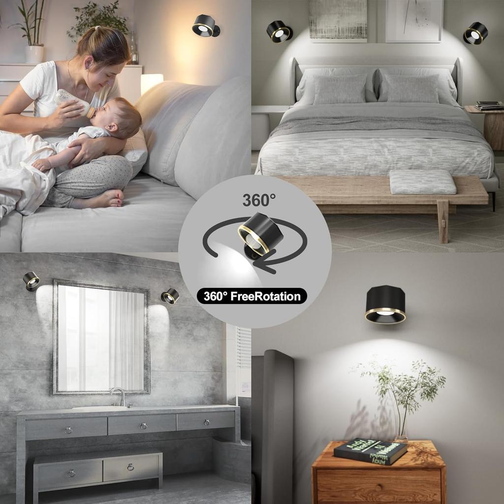 LED Wall Mounted Reading Lights, Wall Sconce 4 Color Modes & 3 Brightness, 2 Pack Wall Lights Rechargeable Battery Operated 360°Rotate Cordless