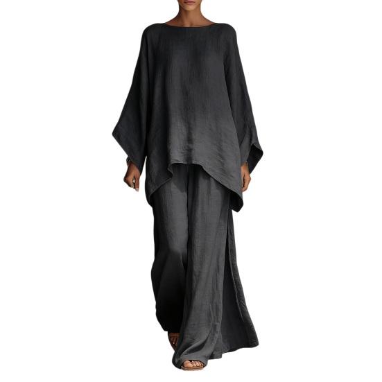 

Women s Summer Two Piece Lounge Sets Batwing Long Sleeve Boat Neck Top And Wide Legs Pants Matching Outfits XL чёрный