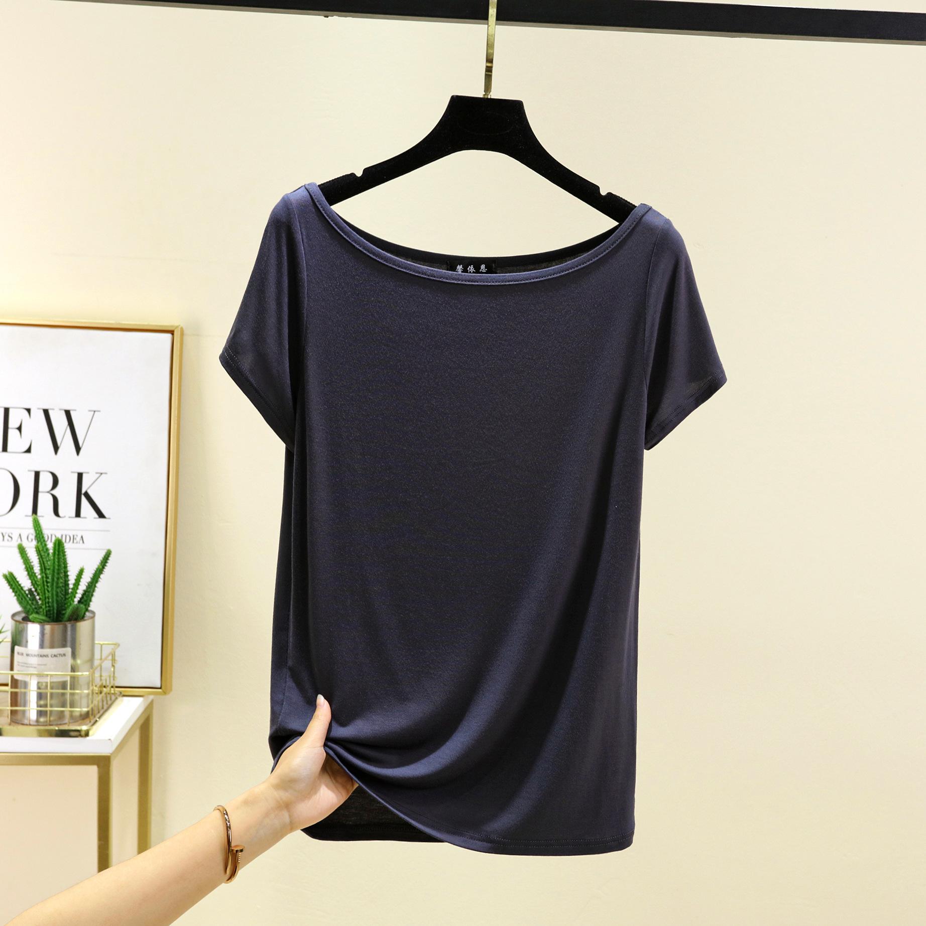 

Модал с короткими рукавами и открытой спиной Футболки женские лодочки с открытыми плечами Футболка Однотонный цвет Свободный базовый слой Топ Большие размеры простые Майки M серый