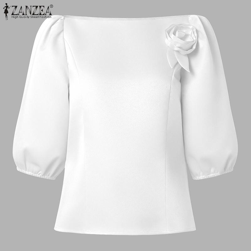 ZANZEA Women Casual Off Shoulder 3/4 Sleeve Satin Blouse