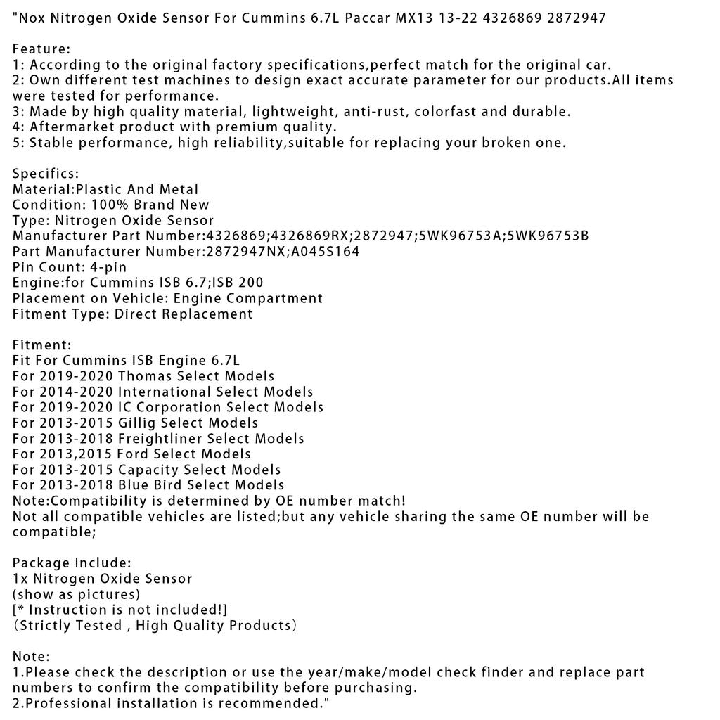Nox Nitrogen Oxide Sensor For Cummins 6.7L Paccar MX13 13-22 4326869 2872947