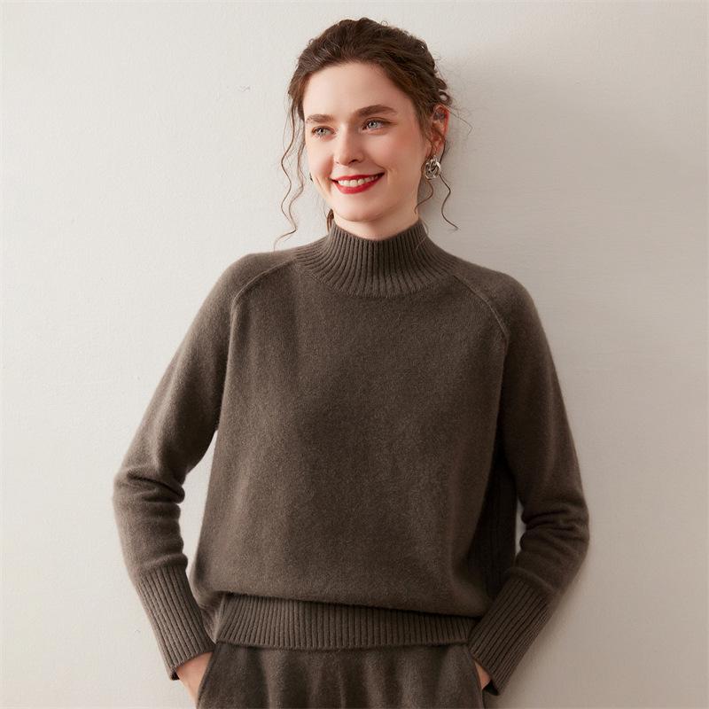 Women's Cashmere Knit Sweater - Solid Color, Half-High Collar, Loose Slimming Fit, Thick Drop Shoulder Sleeves for Autumn/Winter
