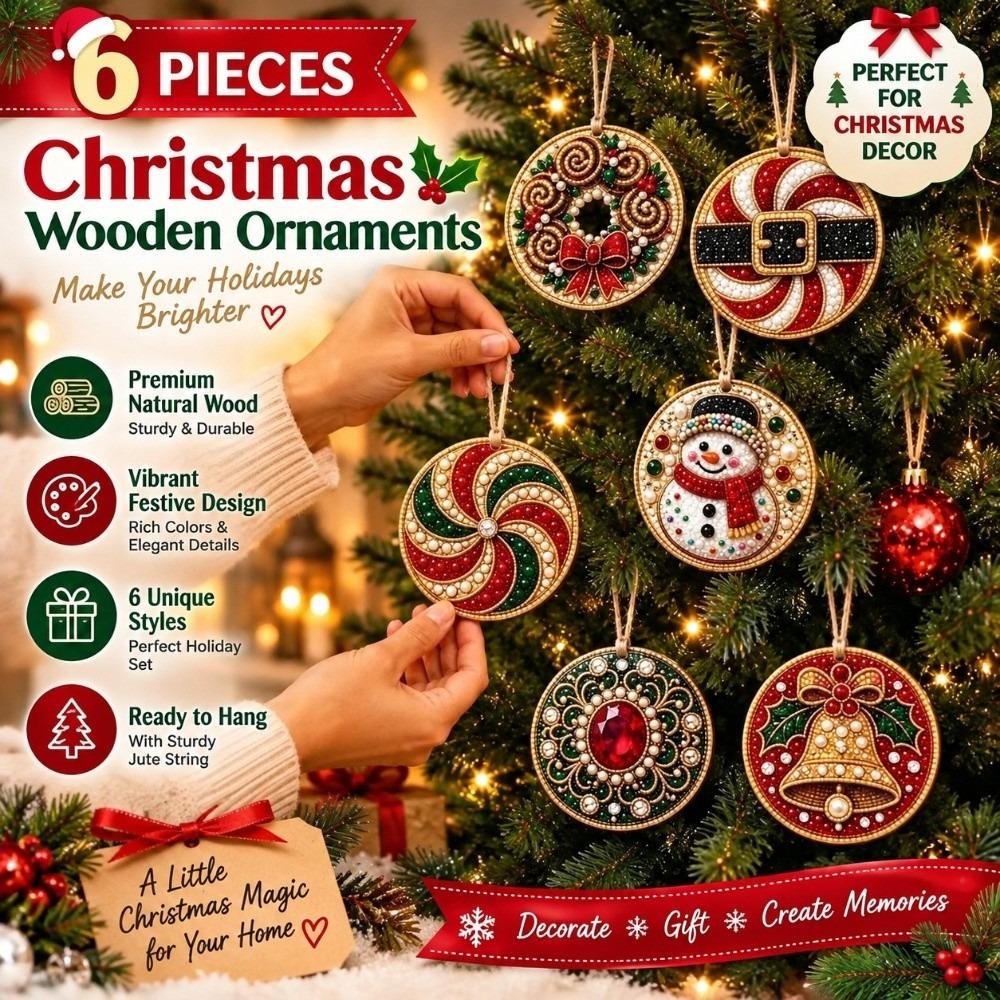 6pcs DIY Craft Pearl Diamond Painting Kit 2D Flat Wooden Tag Pendants New Year Gift