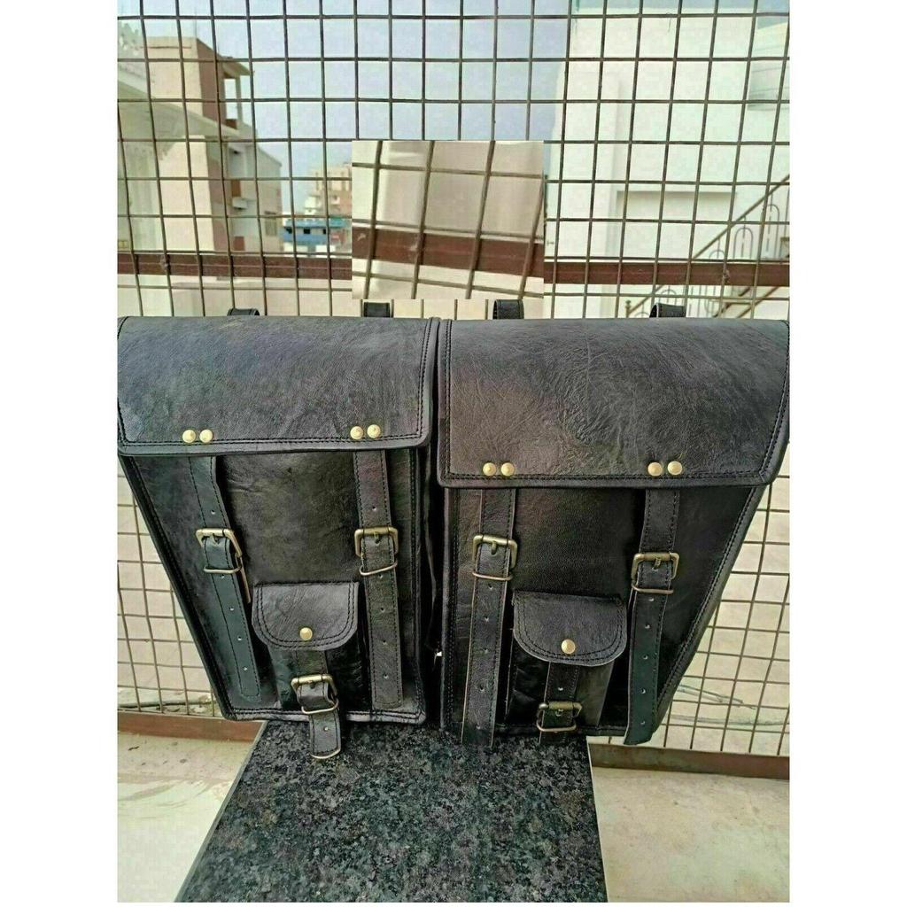 Combo Black Leather Motorcycle Two Saddle Bag Swing Arm Free Tool Pouch