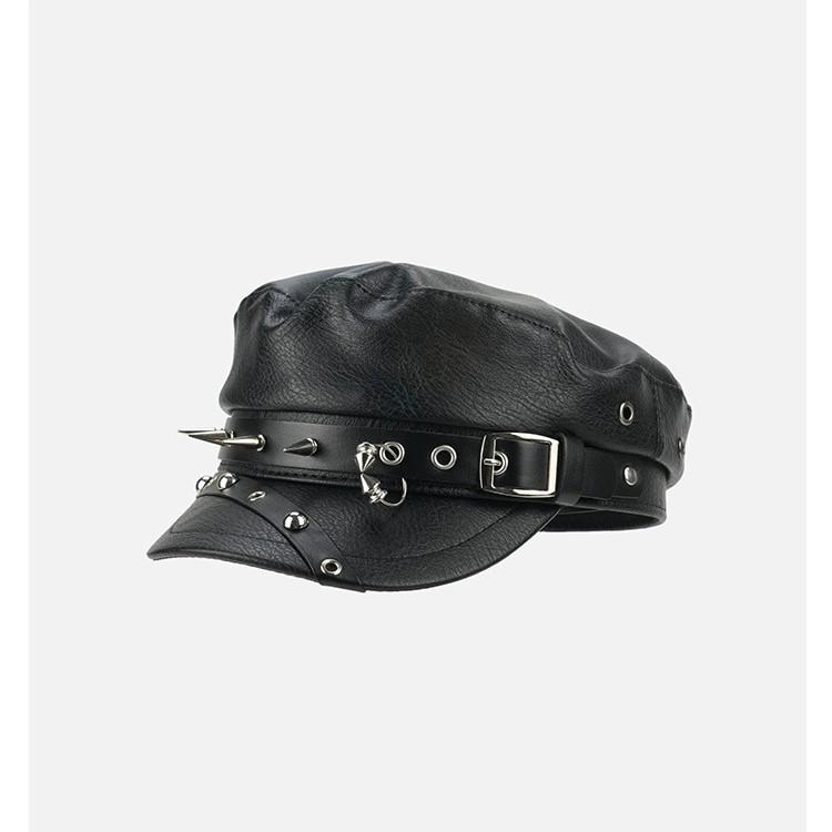 Niche tmavý punkový styl nýtovaný baret z PU kůže dámská osobnost horká dívka kožená přezka retro pouliční osmihranný klobouk trend