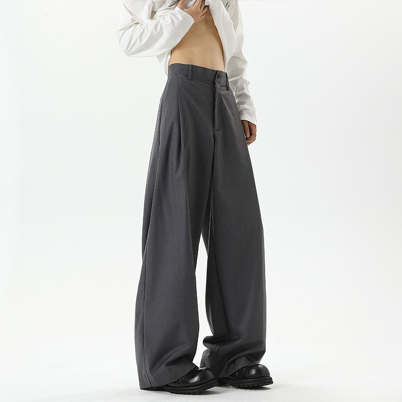 Men Black Pleated Loose Wide Leg Straight Casual Suit Pants