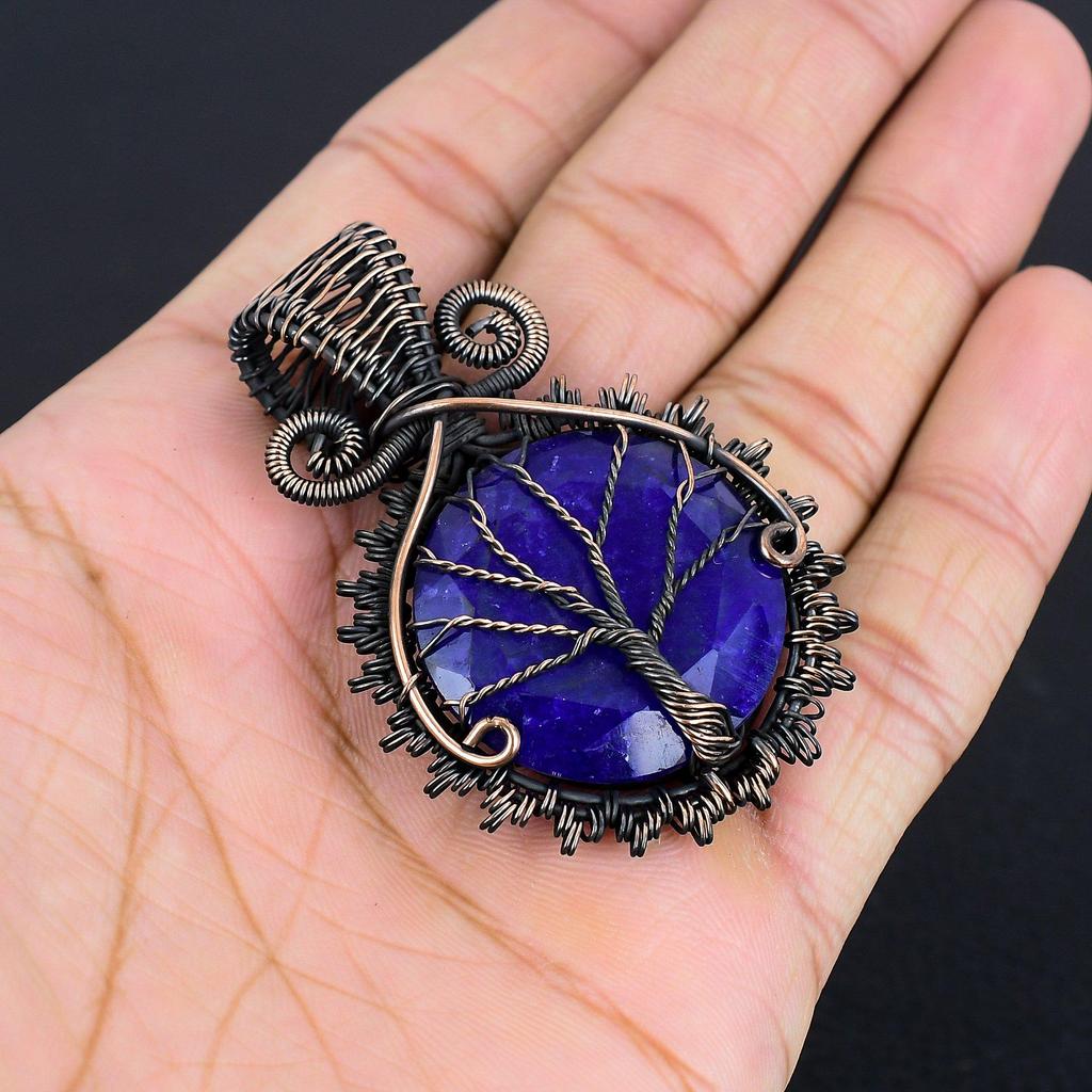 Blue Sapphire Pendant, Handmade Gemstone Pendant, 999 Copper Wire Wrapped  Pendant Antique Jewelry, For Engagement Gift