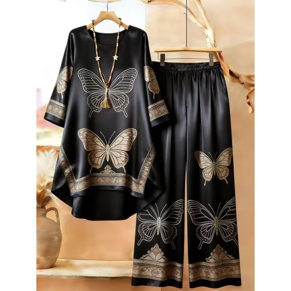 Floral Print Two Piece Outfit Women Long Sleeve Irregular Hem Tunic Top Wide Leg Pants Casual Matching Set