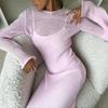 LYRIA Spring Autumn O-Neck Elastic Knit Long Dresses Women Elegant Chic Soft Lady Hollowing Sweater Dresses Femme New