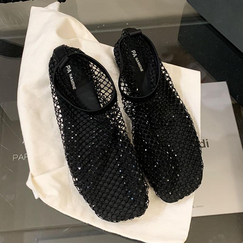 Luxury Mesh Rhinestone Sandals Women Slip on Breathable Bling Beach Shoes Non-slip Summer Flats Slides Shoes Women