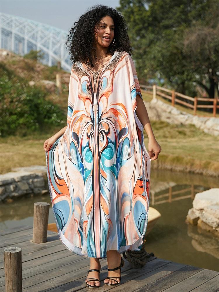 

EDOLYNSA кафтан больших размеров, разноцветное летнее длинное пляжное платье с богемным принтом, женское уютное домашнее платье, купальный костюм, свободный кафтан One Size оранжевый