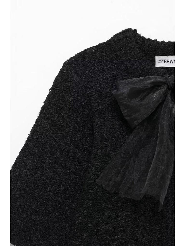 2024 Women's Winter Transparent Yarn Knit Top with Bow Brooch - European & American Style Fashion