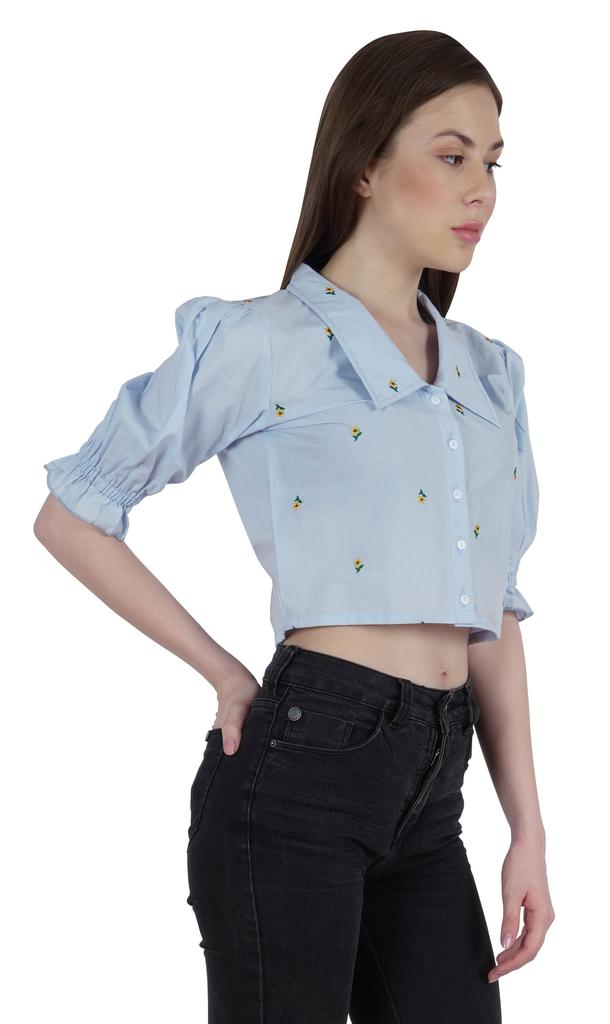 Moomaya Puff Sleeve Crop Top For Women Solid Button Down Collar Designer