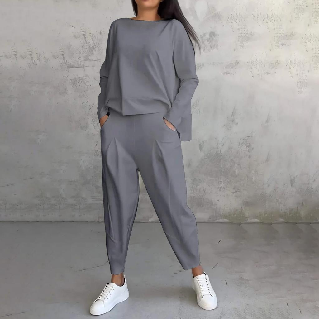 Women's Two-piece Solid Color Round Neck Long Sleeved Top and Casual Pants Set for Autumn