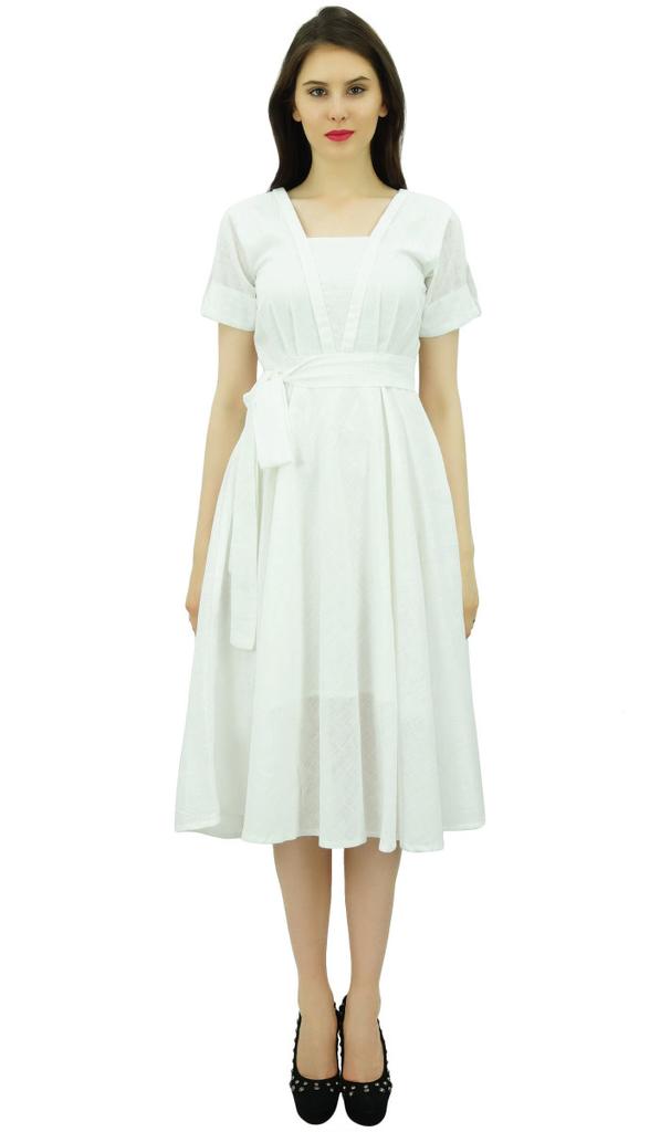 Bimba Damen Kurzarm Leinen Etuikleid Mit Gürtel Freizeitkleider