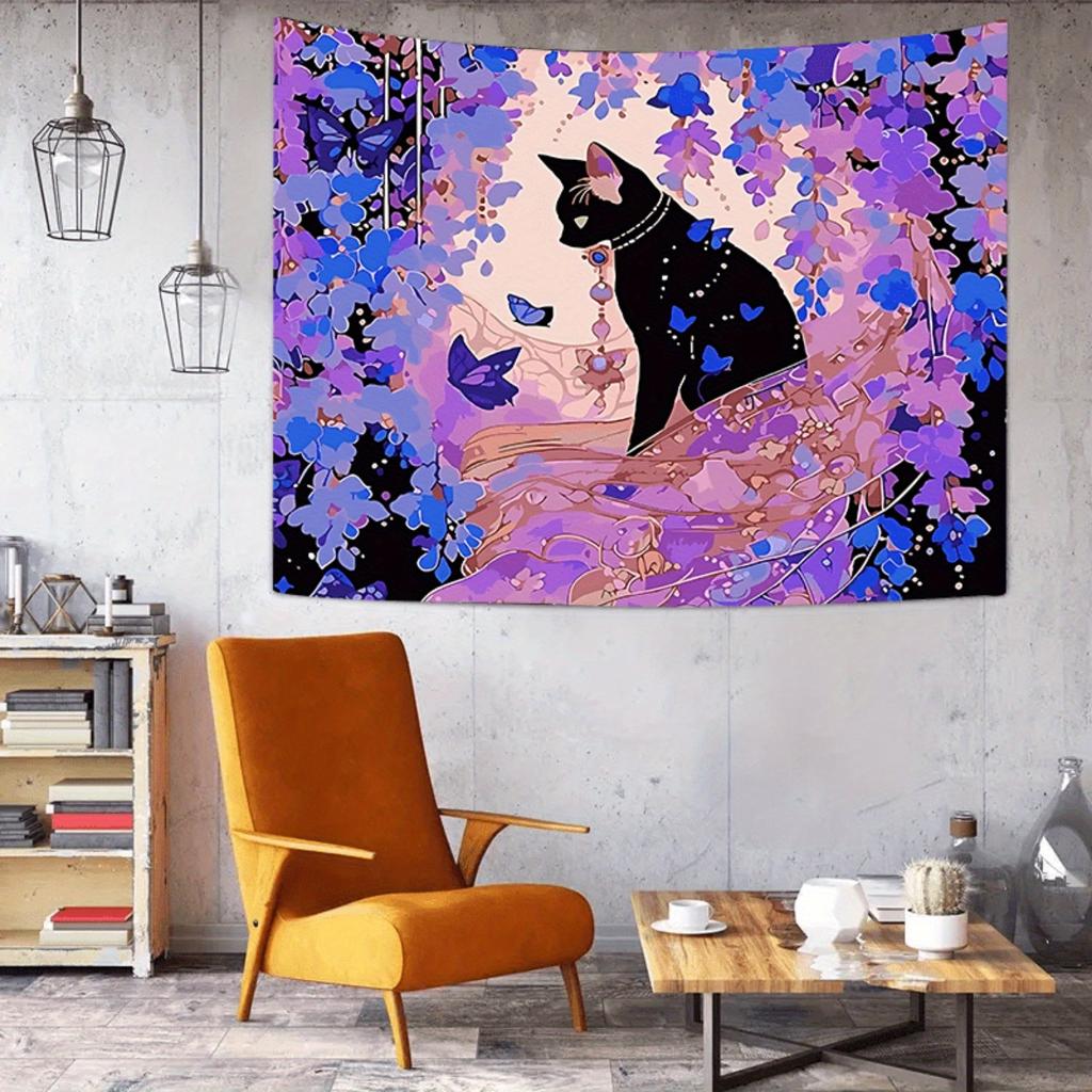 Enchanted Cat Tapestry  Vibrant Wall Hanging with Purple Flowers for Bedroom and Living Room Decor Perfect Gift