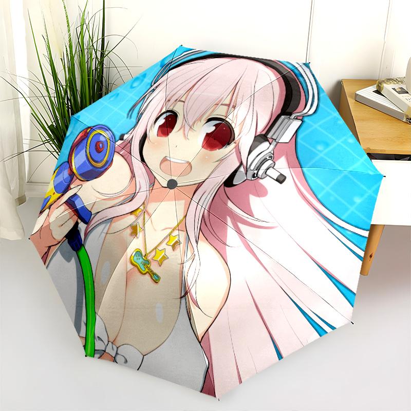 Super Sonico  pattern, automatic folding umbrella, portable and foldable design, 8 ribs, a Christmas or birthday gift.
