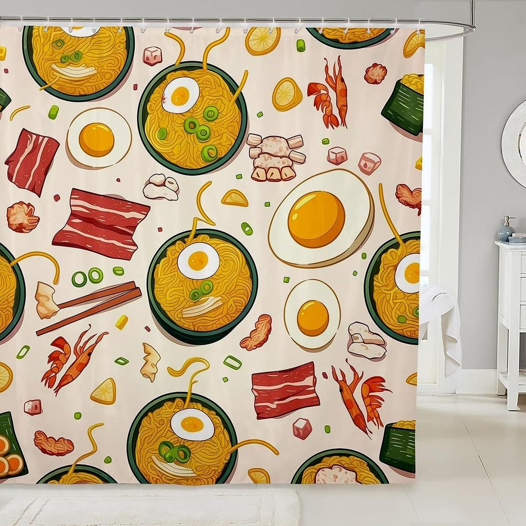 Ramen Noodle Shower Curtain Set Bathroom Decor for Kids Girls Boys,Japanese Style Bathroom Set Funny Food Fabric Shower Curtain