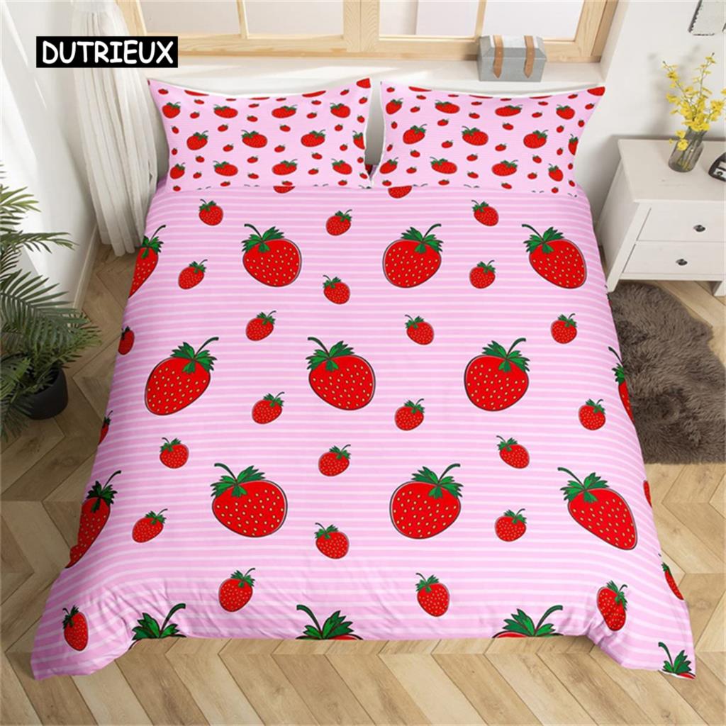 Duvet Cover Lovely Cartoon Strawberry Bedding for Girl Teen  Set Microfiber Blue Star Yellow Floral Quilt Cover Bedroom Decor