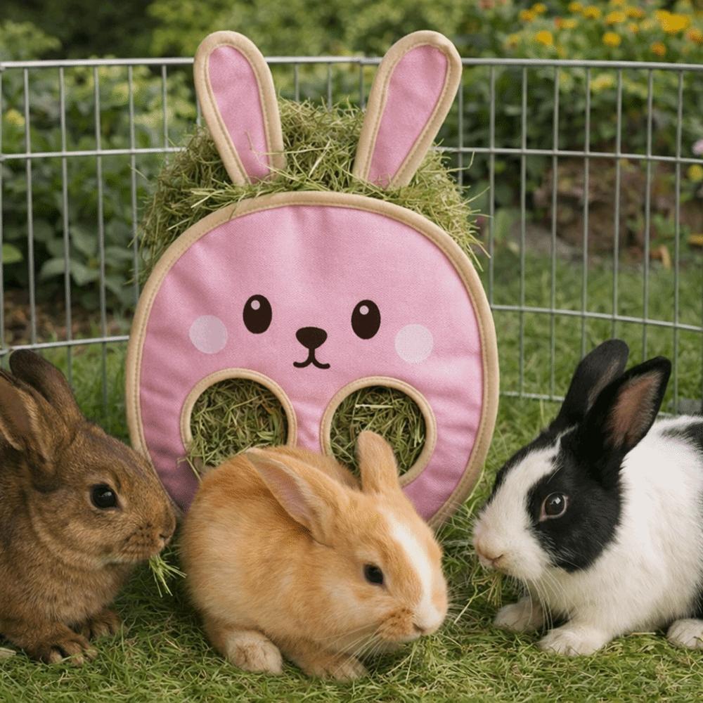 Suspended Type Rabbit Hay Bag Chew-Proof Bunny Shaped Hamster Feeding Bag Cartoon Rabbit Feeding Dispenser Pet Cage
